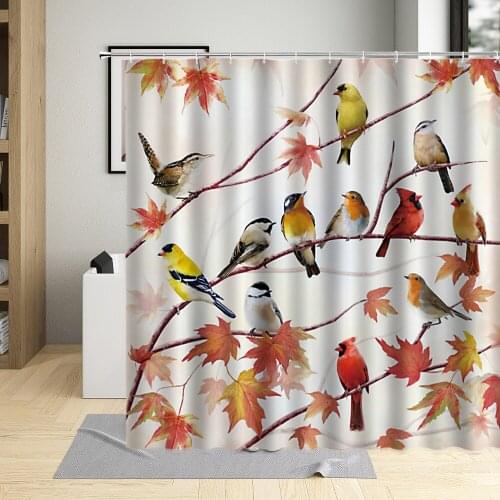 Birches Birds Standing on a Branch Shower Curtain Tree Cartoons Sparrow Home Decor Waterproof Fabric Bathroom Curtains With Hook