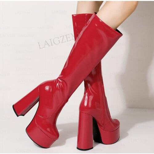 DOHBANER Women Knee High Boots Round Toe 14.5CM Chunky Heels Ladies Boots Shiny Party Date Ladies Shoes Woman Size 39 41 42 43