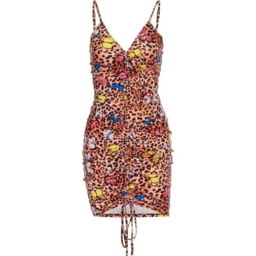 Women Summer Sleeveless Ruched Drawstring Mini Bodycon Dress Leopard Colorful Butterfly Print Sexy V-Neck Party Clubwear