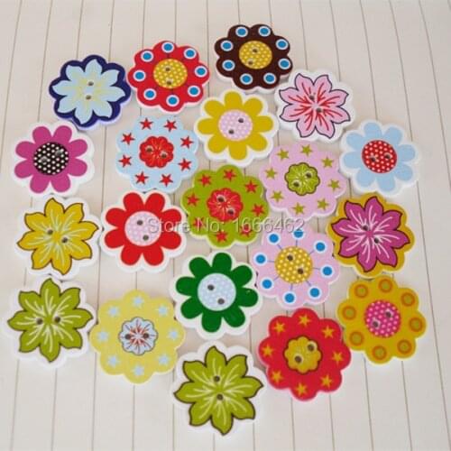 100 Mixed Wood Sewing Buttons Scrapbooking 2 Holes Flower Pattern Shape 20mm For DIY k-1