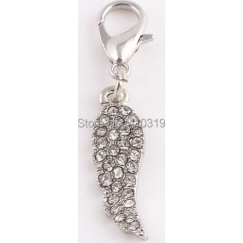 20pcs/lot 2Colors Rhinestones Angle Wing Pendant Charms With Lobster Clasp Fit For Magnetic Glass Floating Locket