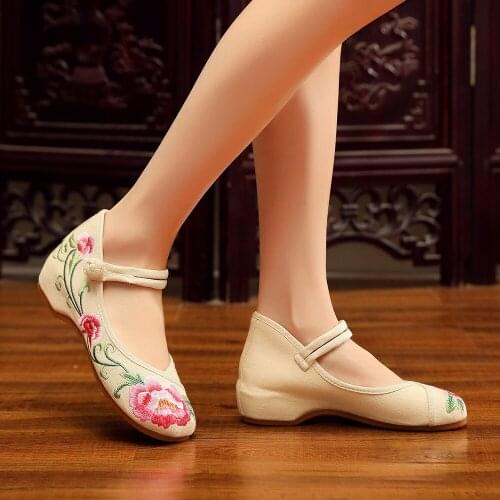 Vintage Ladies Canvas Embroidered Old Beijing Ballet Flats Ankle Strap Women Casual Costume Comfortable Dance Ballerinas Shoes