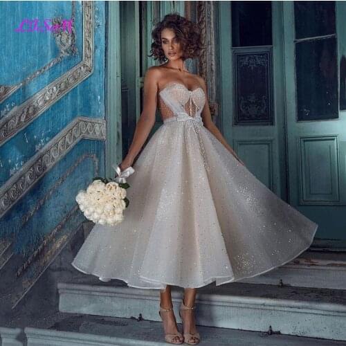 Glitter A-Line Short Evening Dresses Sweetheart Boning Fitted Bodice Tea Length Elegant Prom Party Gowns With Belt