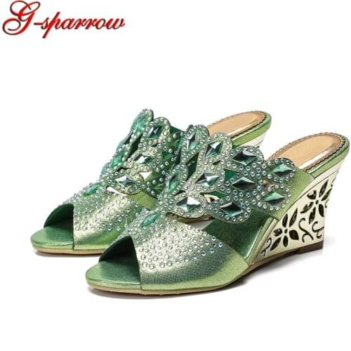 2019 Fashion European and American green rhinestone high-heeled sandals female summer Wedge Heel Plus Size 11 Wedge Heel Slipper