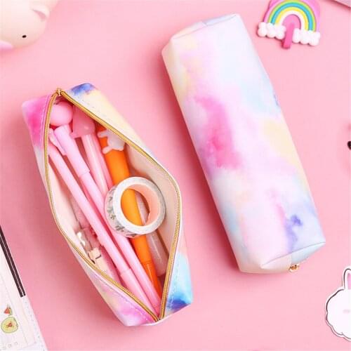 Creativity Rainbow Colors Pencil Case Kawaii Large Capacity Tie Dye PU Pen Box Bag Student Stationery Pencilcase School Supplies