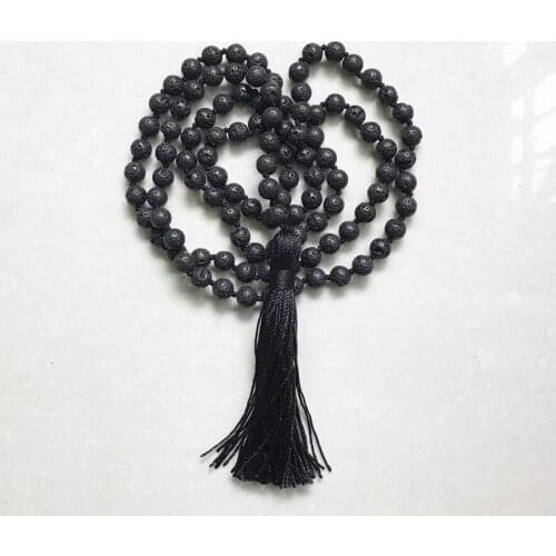 Fashion Black Necklace Lava Stone 108 Mala necklace meditation yoga beads Black tassel Mala Unisex Prayer Necklace Hand Knotted