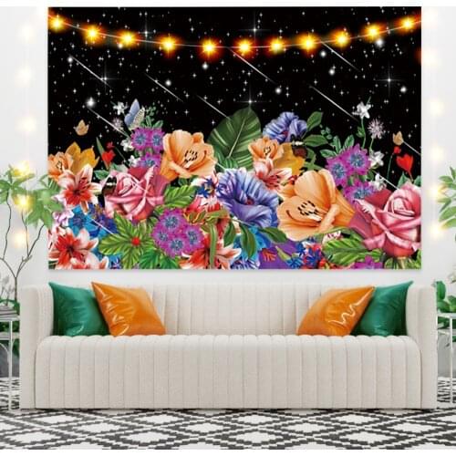 Colorful Flowers Black Tapestry Vintage Exotic Summer Plant Nature Frame for Bedroom Photography Wall Decor