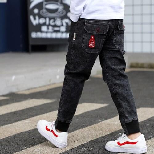 2019 Big Boys Jeans Cotton Fashion Teen-age High Quality boy pants Elastic Trousers Full Length Appliques Size 100-160
