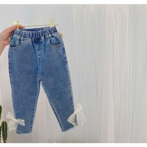 2 3 4 5 6 Y Baby Girl Jeans Fashion Split Bow-knot Denim Pant for Girl Autumn Solid Children Elastic Waist Jeans Kids Trousers