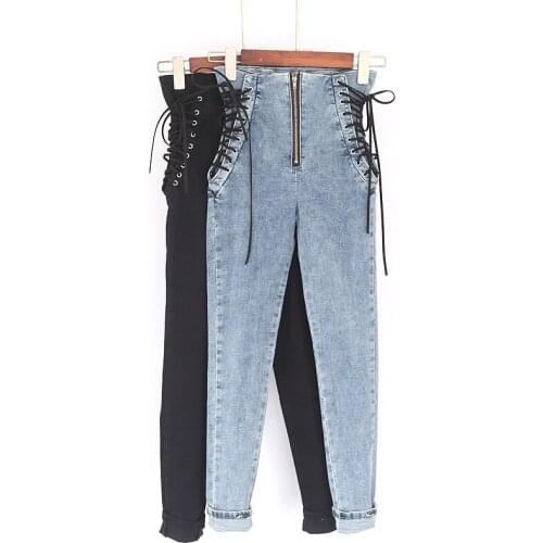 Spring Plus Size High Waist Women Jeans Ankle-Length Pants Bandage Bowknot Zipper Slim Autumn Fashion Female Pencil Denim Pants