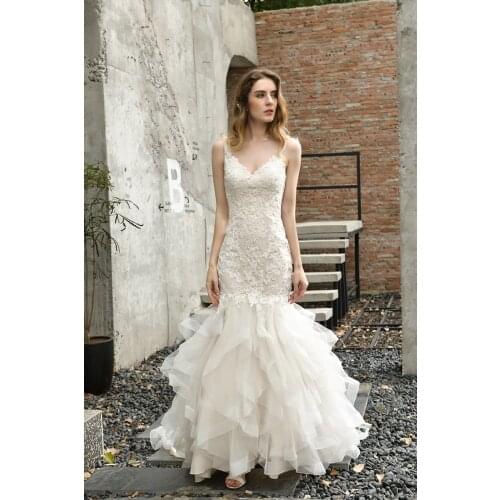 Elegant African Mermaid Wedding Dress with Ruffles Train Lace Appliqued Organza Wedding Gowns