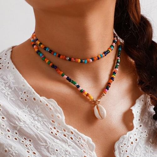 BUDROVKY Hot Selling Bohemian Colorful Rice Beads Shell Necklace Necklace Beach Candy-Colored Shell Pendant Necklace Female