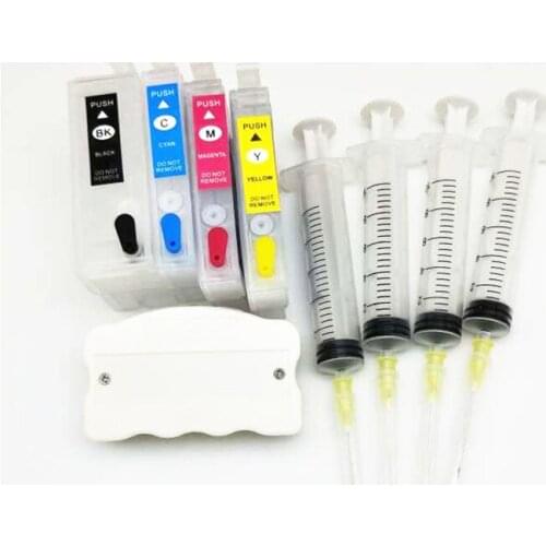 Vilaxh 4pcs WF3725 Refillable Ink Cartridge Without Chip + T34 34 XL Chip Resetter For Epson WF3725 WF3720 WF-3720DWF WF-3725DWF