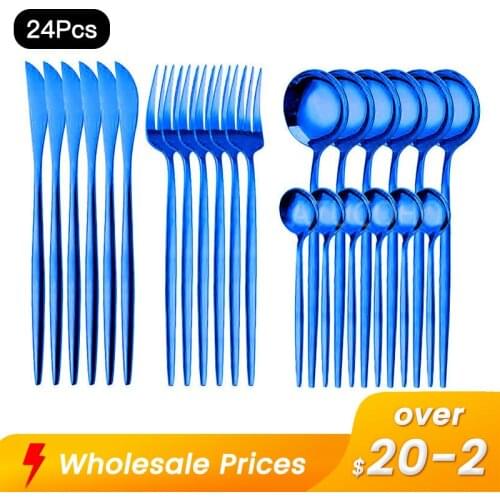 Blue Flatware 24Pieces Stainless Steel Cutlery Set Steak Knife Fork Coffee Spoon Tableware Suit Kitchen Household Dinnerware Set