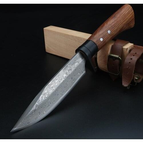 Outdoor Hunting Knife Damascus Camping Butcher Knives Fixed Blade Wooden Box Straight Knife Portable Outdoor Survive Tool