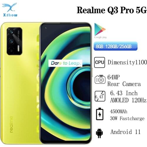 Original Realme Q3 Pro 5G Mobile Phone 128GB 6.43"AMOLED 120Hz Refresh Rate Dimensity 1100 Octa Core 30W Fast Charge 64MP OTA