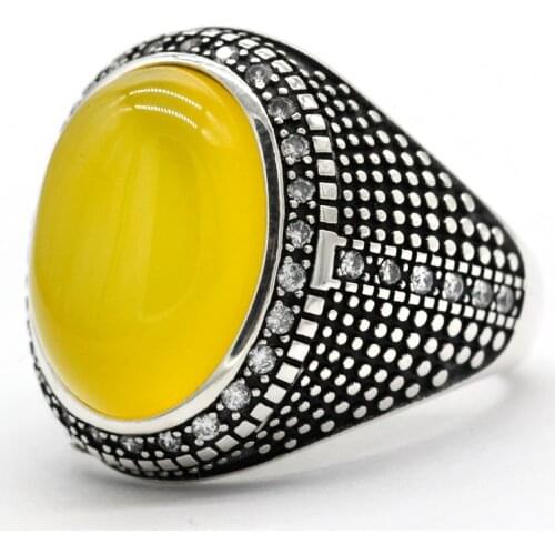 Oval Agate Ring for Men Sterling Silver 925 Vintage Natural Yellow Gem with Clear Zircon Stone Rings Turkish Handmade Jewelry