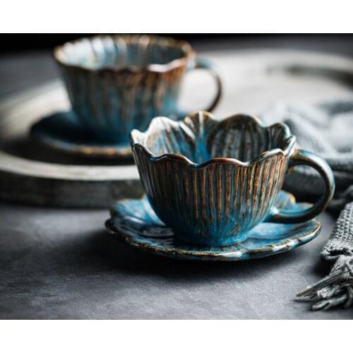 Kiln Glazed Ceramic Coffee Cup and Saucer Set Household Flower Tea Milk Latte Cup Afternoon Tea Creative Leaf Saucer