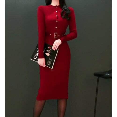 2020 Drop Ship Winter Female Sweater Dress Women Pullover Long Sleeves Warm Slim Sweater Knitted Dress With Belt