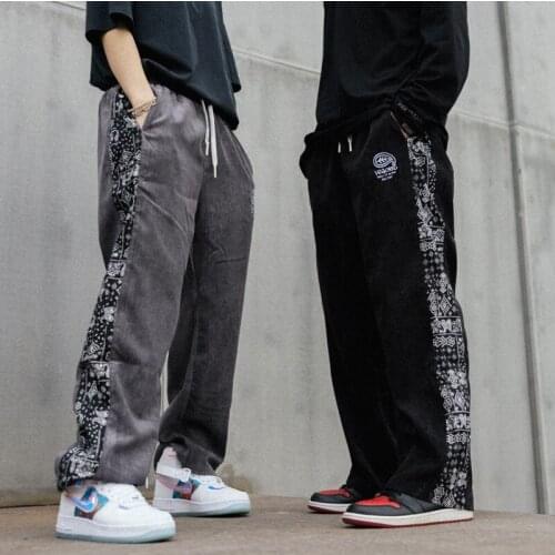 Retro Cashew Flower Patchwork Straight Pants Fashion Hipster Streetwear Mens Wide Leg Corduroy Casual Loose Trousers Sweatpants