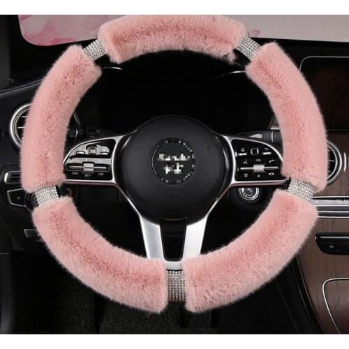 Fluffy Steering Wheel Cover with Bling Rhinestones Diamond Fur Furry Car Steering Covers Universal 38cm For Women Girl