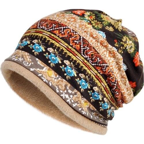 Slouchy Floral Pattern Beanie Hat Winter Warm Baggy Hat Neck Scarf Dual Use