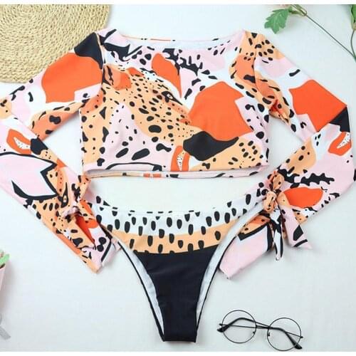 Sunscreen Swimsuit For Women 2021 Bikini Long Sleeve Push Up Two Tiger Piece Print Suit Biquini Bath Bandeau Summer Swimwea D2K9