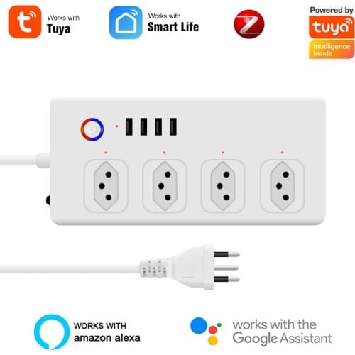 Tuya ZigBee Smart Power Socket Brazil Plug Multiple Outlet Extension Cord with 4 USB and AC Plugs Work with Alexa Google Home