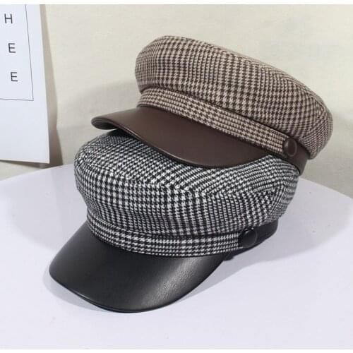 Japanese Stripe Stitching PU Leather Flat Navy Hats For Women Autumn Winter New British Peaked Cap Berets Octagonal Hat