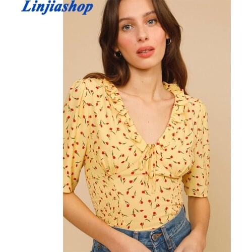 Ruffles Trim V-Neck Lace-up Women Floral Blouse Ladies Spring Summer Short Sleeve Slim Pleated Short Shirt Tops