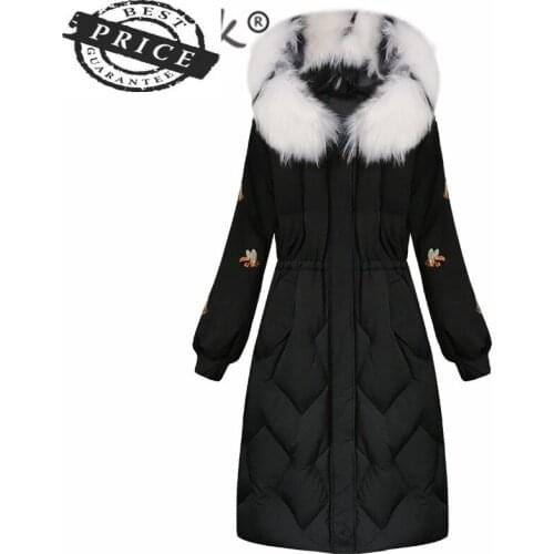 Black Female Winter Jacket + Raccoon Fur Hooded Korean Thick Warm Duck Down Jacket Ladies Slim Long Pink Coat Hiver Y1a36