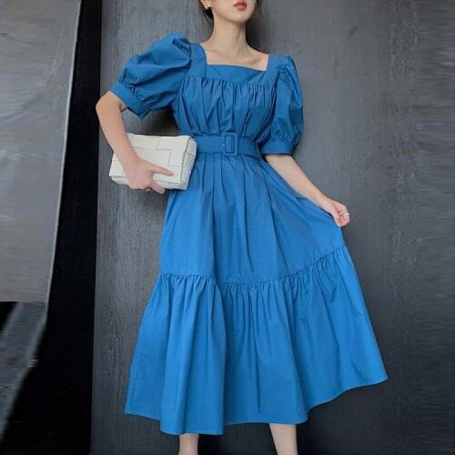 Women Summer Vintage Square Collar Puff Sleeve Party Dress Vintage Ladies Elegant Casual Long Dress With Belt Vestidos