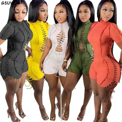 Gsuwoo Womens Casual Short Sleeve Playsuit Summer Lace-up Drawstring Hollow Short Jumpsuits Turtleneck Slim Fit Rompers S-XXL