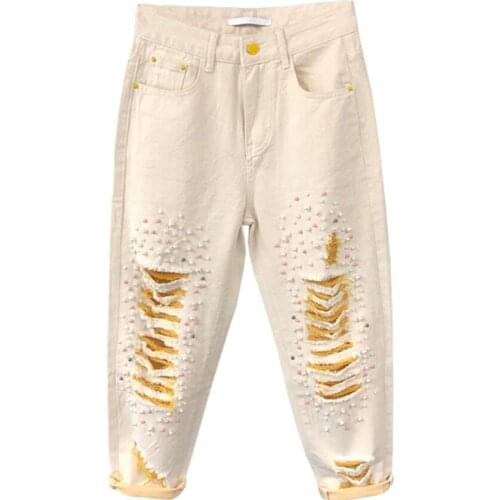 Spring Summer Womens Streetwear Denim Ripped Butt Jeans Harem Pants With Fashion Beads Hole Hollow Out Trousers For Female