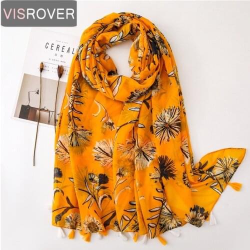 Visrover Fashion For Summer Beach Scarves Flower Big Shawl Yellow Tropical Floral Print Scarf Hijab Women Scarfs Wholesales