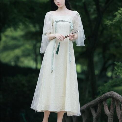 Chinese Style Ancient Costume Hanfu Summer Women Embroidery Improved Retro Dress Sweet Fairy Vestido de mujer