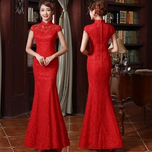 Fashion Red Chinese Traditional Dress Chinese Wedding Cheongsam Dress Fishtail Chinese Qipao Lady Evening Party Dress