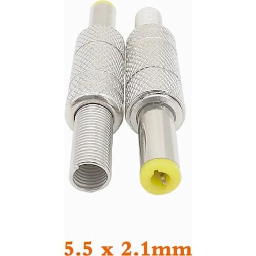 2Pcs 5.5*2.1mm DC Power Jack Plug Metal Connectors with Spring Yellow Head Plug Silver 5.5mmx2.1mm DC Male Power Supply Adapter