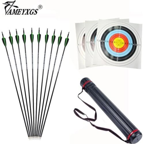 30inch Archery 500 Spine Carbon Arrows ID 6.2mm Detachable Arrowheads with Telescopic Arrow Quiver Target Paper Target Nail
