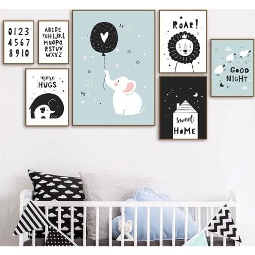 Abstract Elephant Lion Sheep Animal Wall Art Poster Balloon Heart Moon Star Print Alphabet Quote Canvas Painting Baby Room Decor