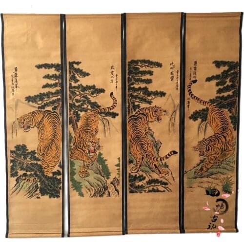 Antique calligraphy and painting, traditional Chinese painting, landscape painting, four tigers painting decoration collection