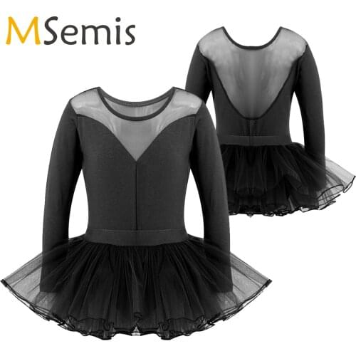 Girls Ballet Leotard Dancewear Mesh Splice Long Sleeves Ballet Dance Class Gymnastics with Tutu Skirt Set Ballerina Clothing