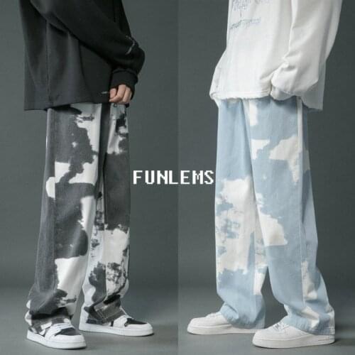 Autumn Straight Jeans Mens Fashion Baggy Printed Casual Jeans Men Streetwear Loose Hip-hop Tie-dye Denim Trousers Mens S-2XL