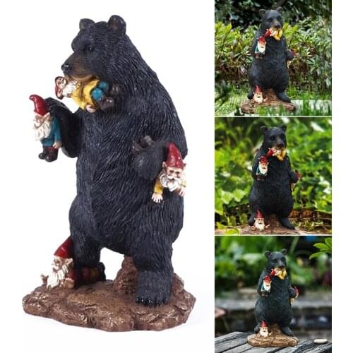 Gnomes in Trouble with Bear Statue Resin Simulation Animal Crafts Ornaments Decor for Home Garden Lawn A1