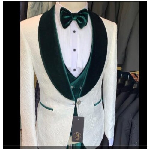 Irovy Pattern Men Suits Green Velvet Lapel Costume Homme Marriage Slim Fit Tuxedo Wedding Groom Terno Masculino Blazer 3 Pieces
