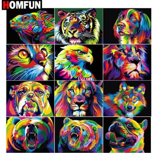 HOMFUN Diamond Painting Cross Stitch "Colorful animals lion" 5D DIY Diamond Embroidery Full Square/round Rhinestone Of Picture