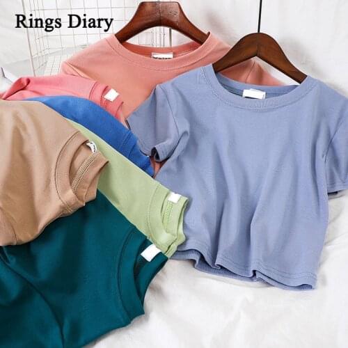 Rings Diary Women Cotton Basic Tees Summer Candy Color Short Sleeve Vintage Casual Cropped Tshirts Round Going Out Cute Crop Tee