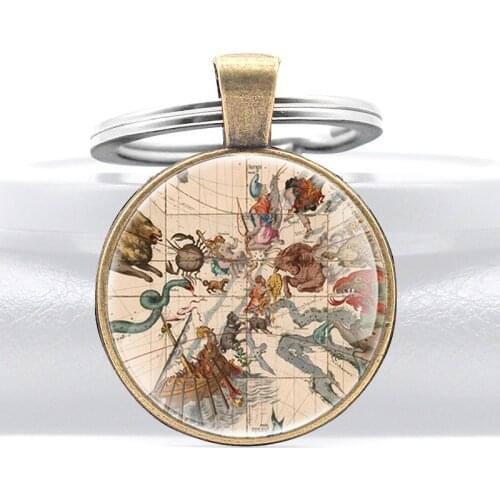 Antique Bronze Celestial Map Glass Dome Key Chain Classic Men Women Jewelry Gifts Key Ring