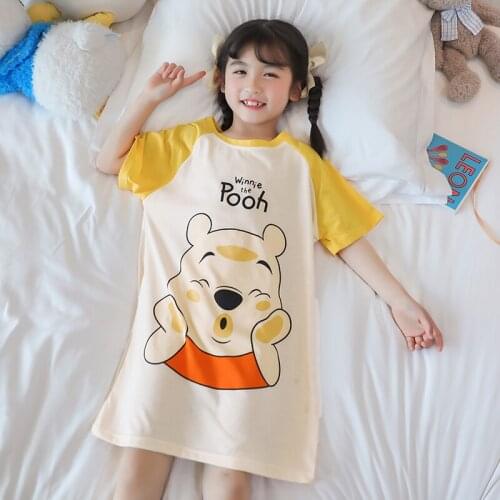 Disney Bear The Phoph Summer Cotton Kids Pajamas Sleepdress For Girls Sweet Cartoon Print Casual Style Nightgown