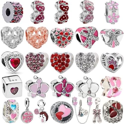 Sweet Pink love Enamel Heart Beads for Women Jewelry Fit Original Pandora Charms Bracelet Pendant Pulseiras Girl Sweetheart Gift